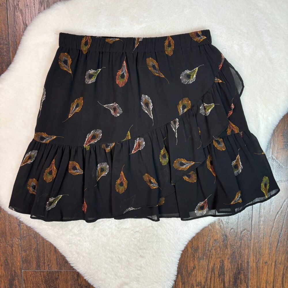 Madewell Skirt XS Black Feather Print Ruffle Hem‎ Elastic Waist Women's